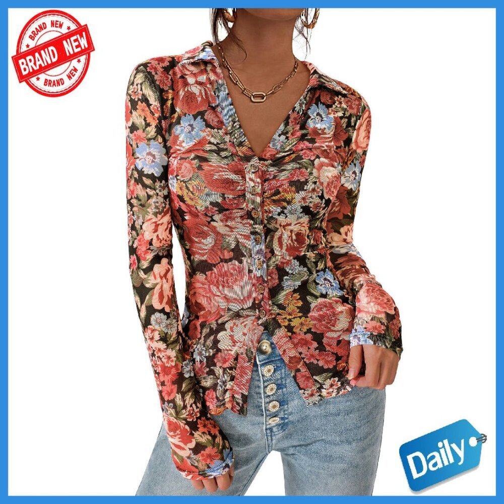 Long Sleeve Mesh Button Down Blouse Floral Boho V Neck Tops